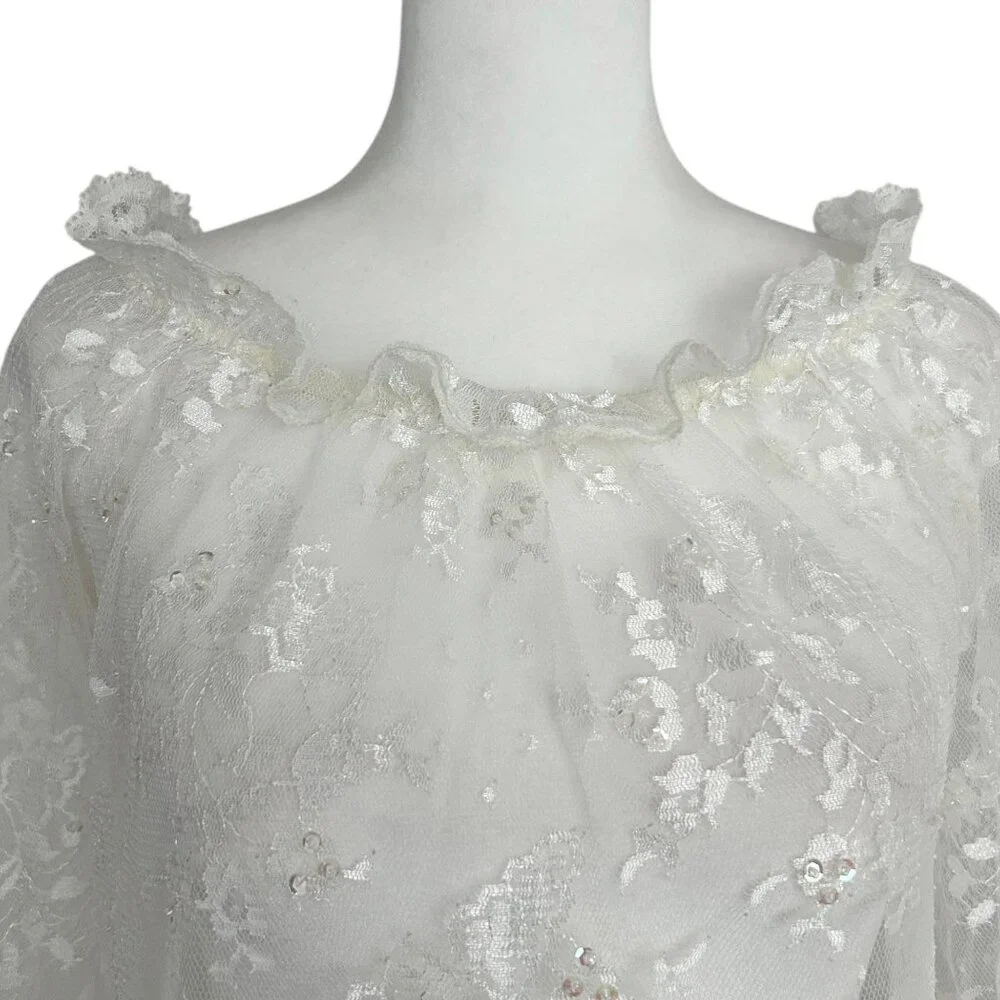 Victoria's Secret Y2K White Sheer Lace Bell‎ Sleeve Ruffle Nightie Lingerie (S)